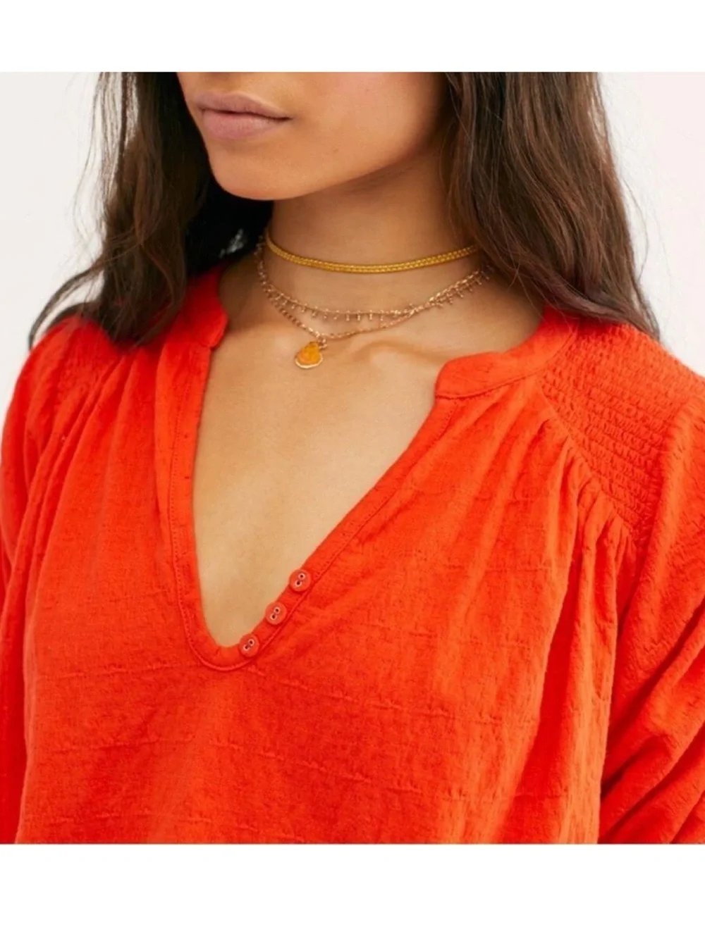 Free People Fever Dream Orange V-Neck Puff Ruched Sleeve Boho Top